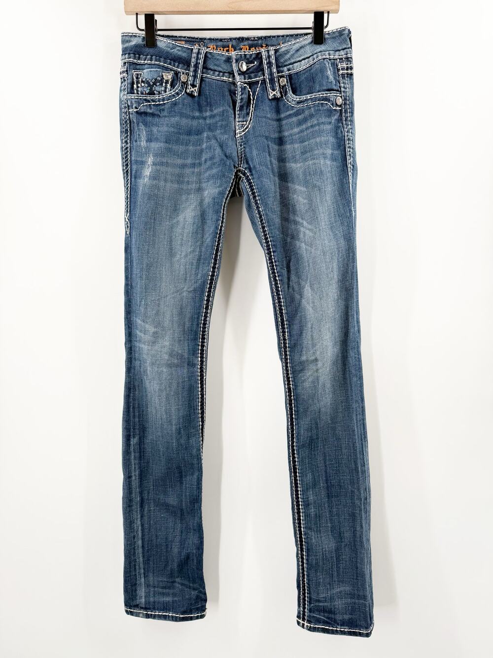 ROCK REVIVAL Jeans Size 27 Denisa Straight Buckle Cotton Stretch Bling Stitch